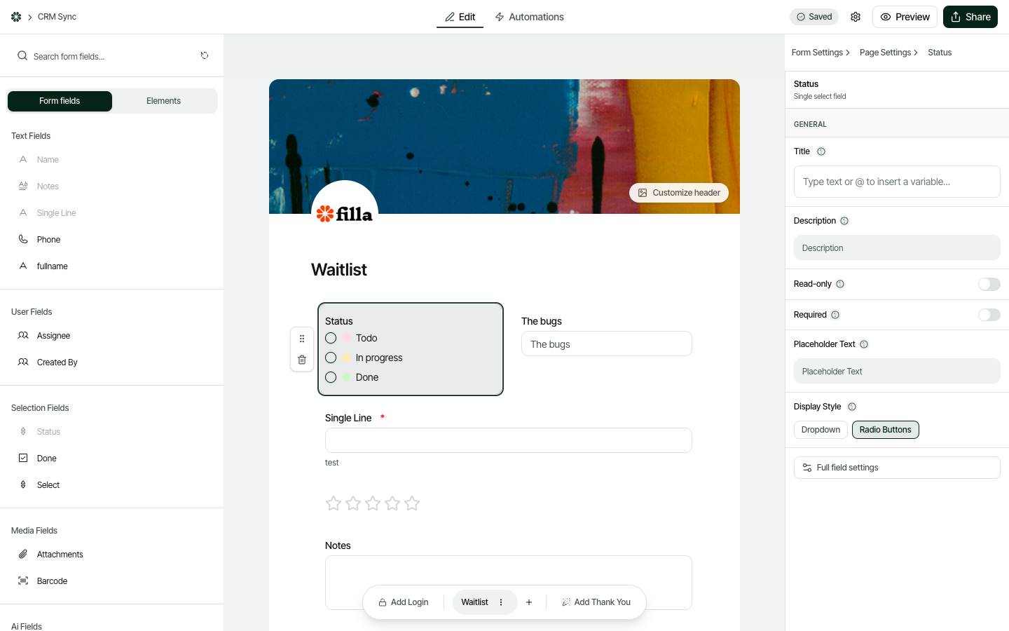 Selecting a field opens its settings panel with Title, Description, Required, and a Full field settings link where conditions are configured