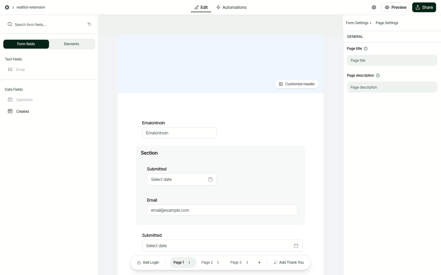 A multi-page form in the Filla builder with Page 1, Page 2, and Page 3 tabs at the bottom, showing how pages are organized
