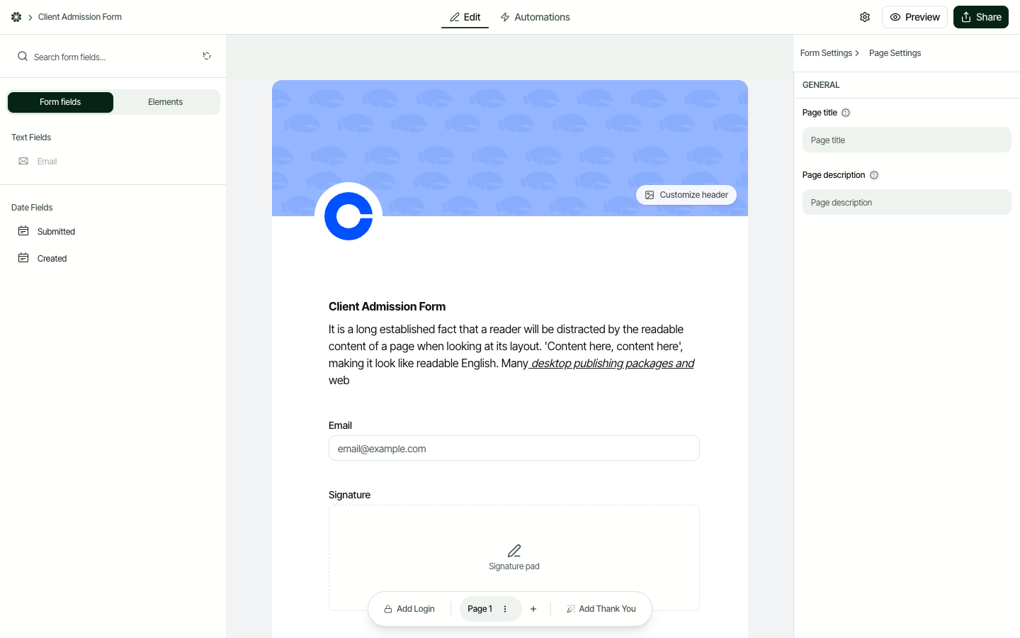 The Filla form builder showing the field panel on the left, live form preview in the center, and page settings on the right