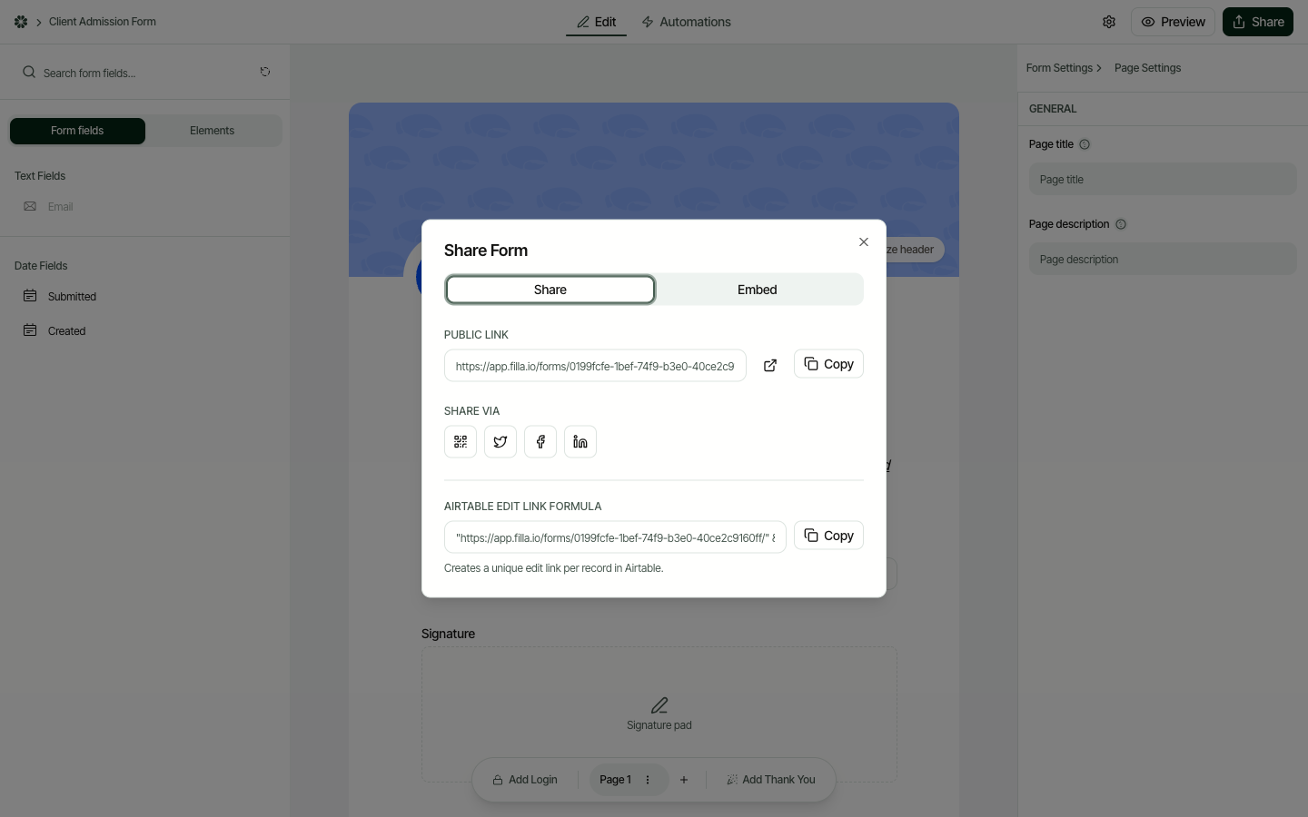 The Share Form dialog with a public link, social sharing buttons, embed option, and an Airtable edit link formula