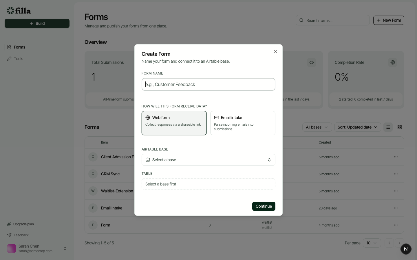 The Create Form dialog where you name your form, choose between Web form or Email intake, and select your Airtable base and table