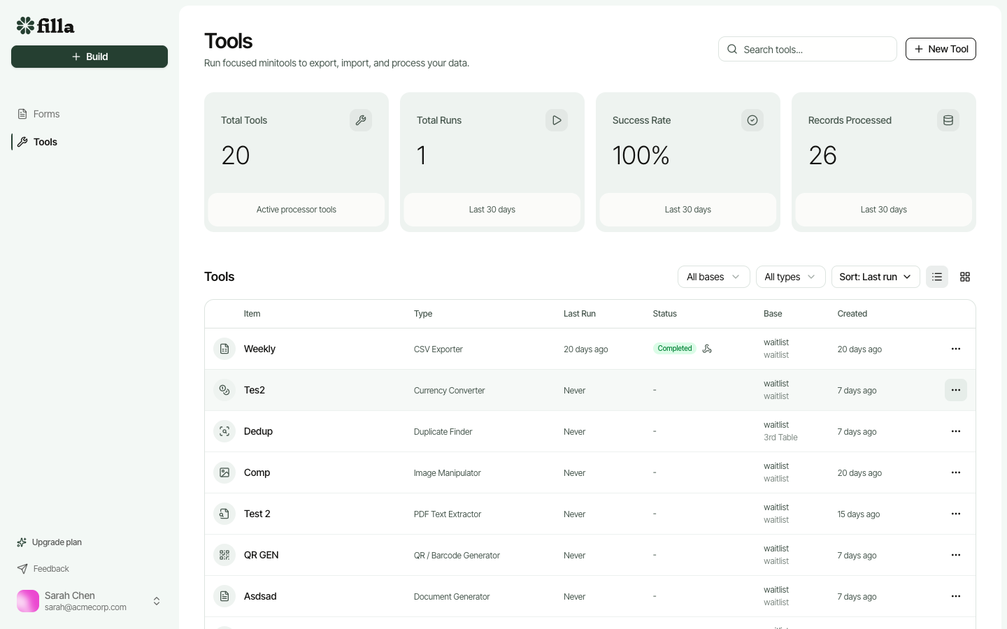 The Tools page showing processor tools like CSV Exporter, Currency Converter, and Duplicate Finder that automate data processing after submission