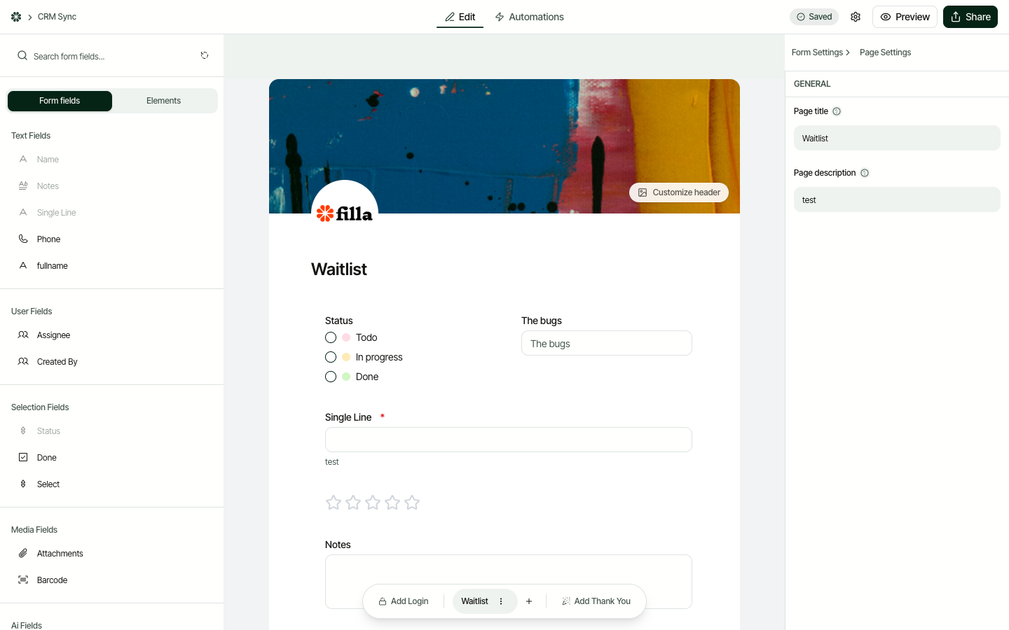 The Filla form builder showing Text, User, Selection, and Media field types in the left panel, with a live form preview in the center