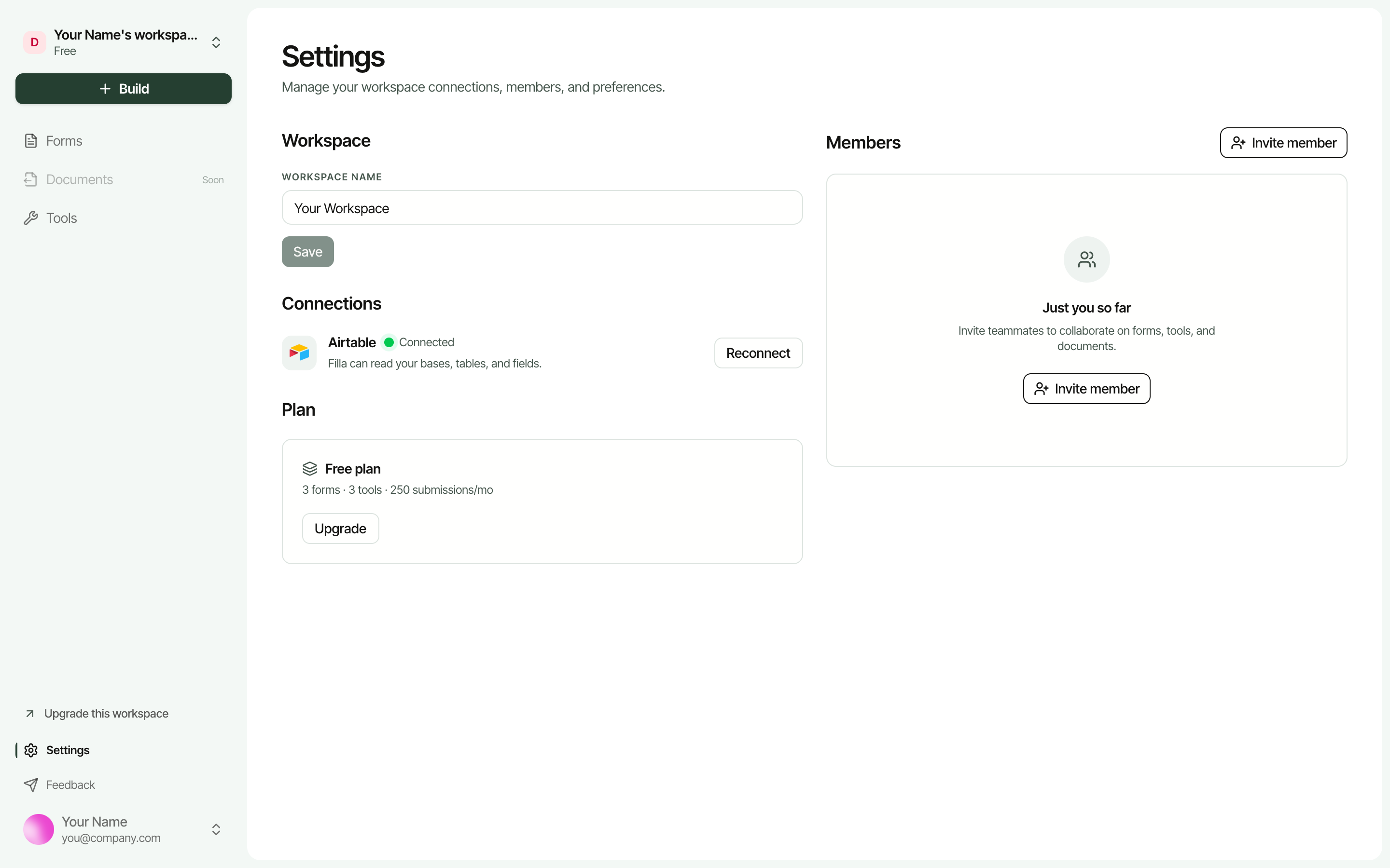 Filla settings page showing Airtable connection status