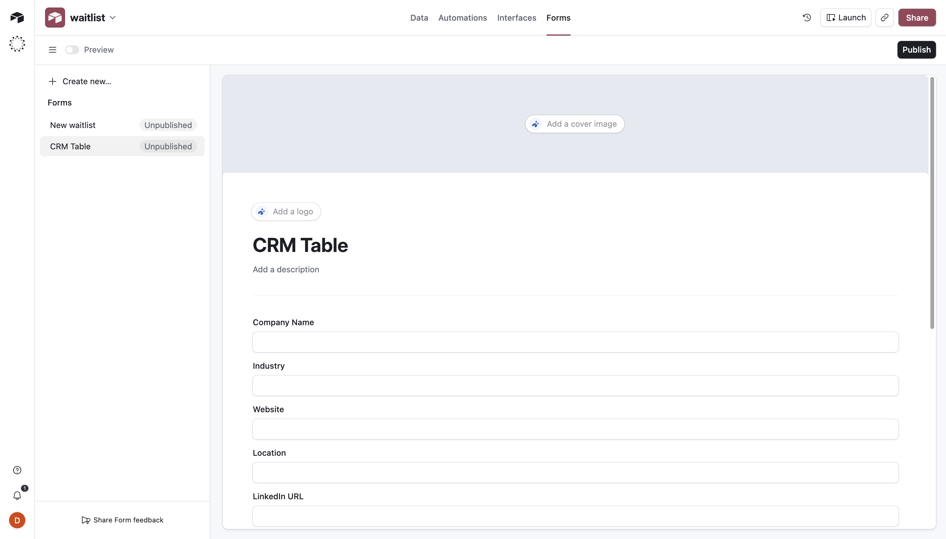 Native Airtable form showing blank fields with no option to load existing data