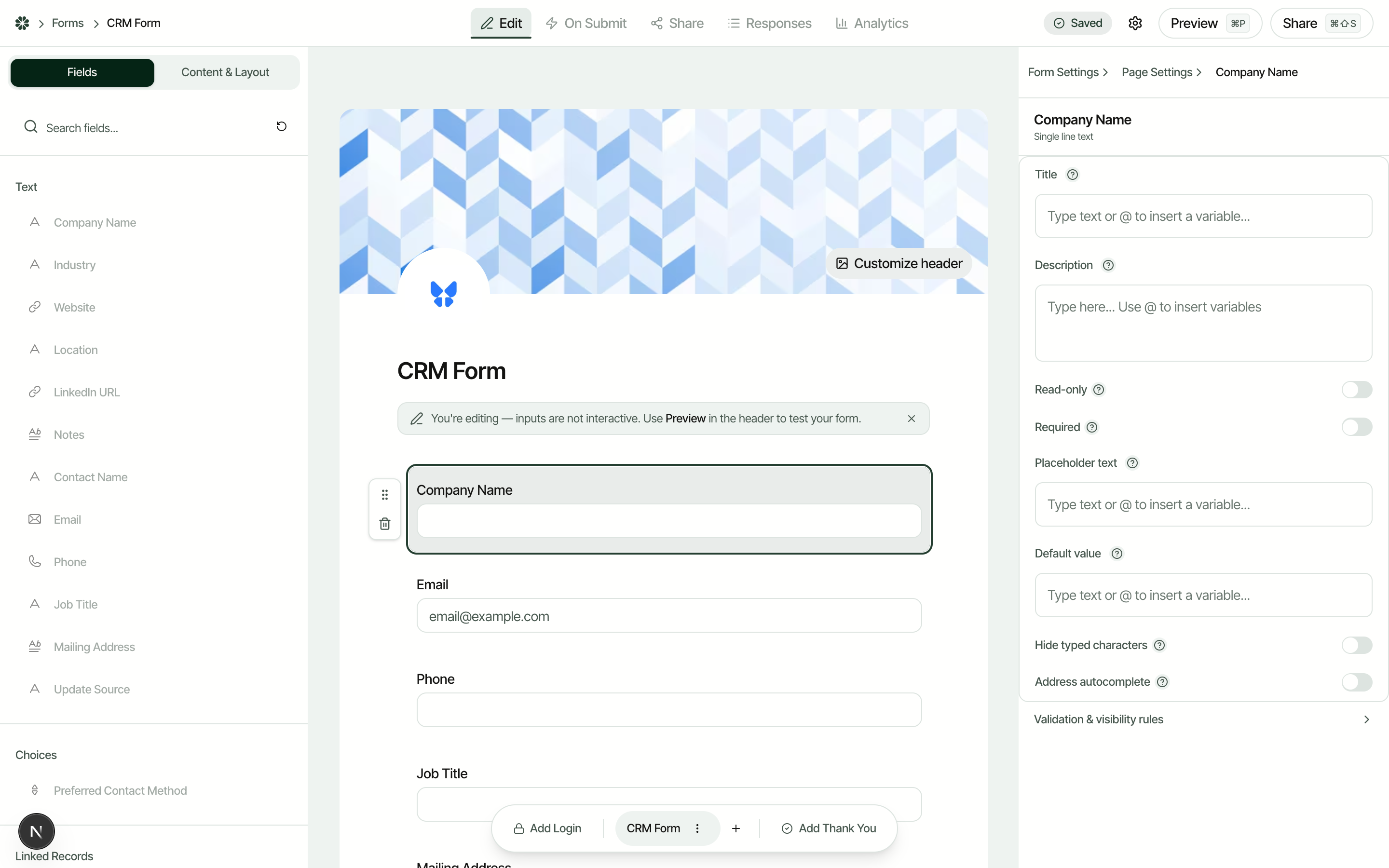Filla form builder showing field settings with read-only toggle for the Company Name field
