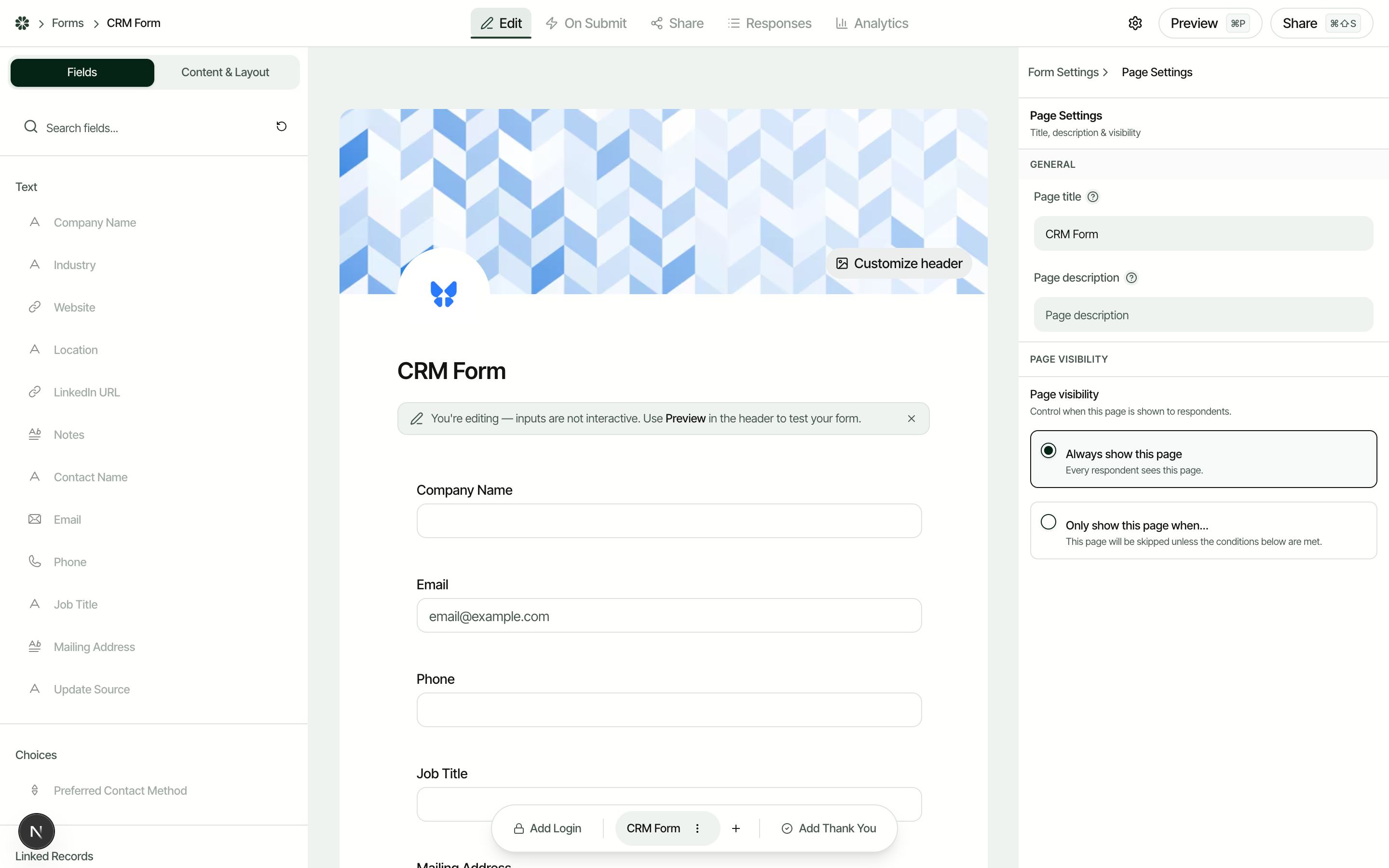 Filla form editor showing the CRM Form with field list and form preview