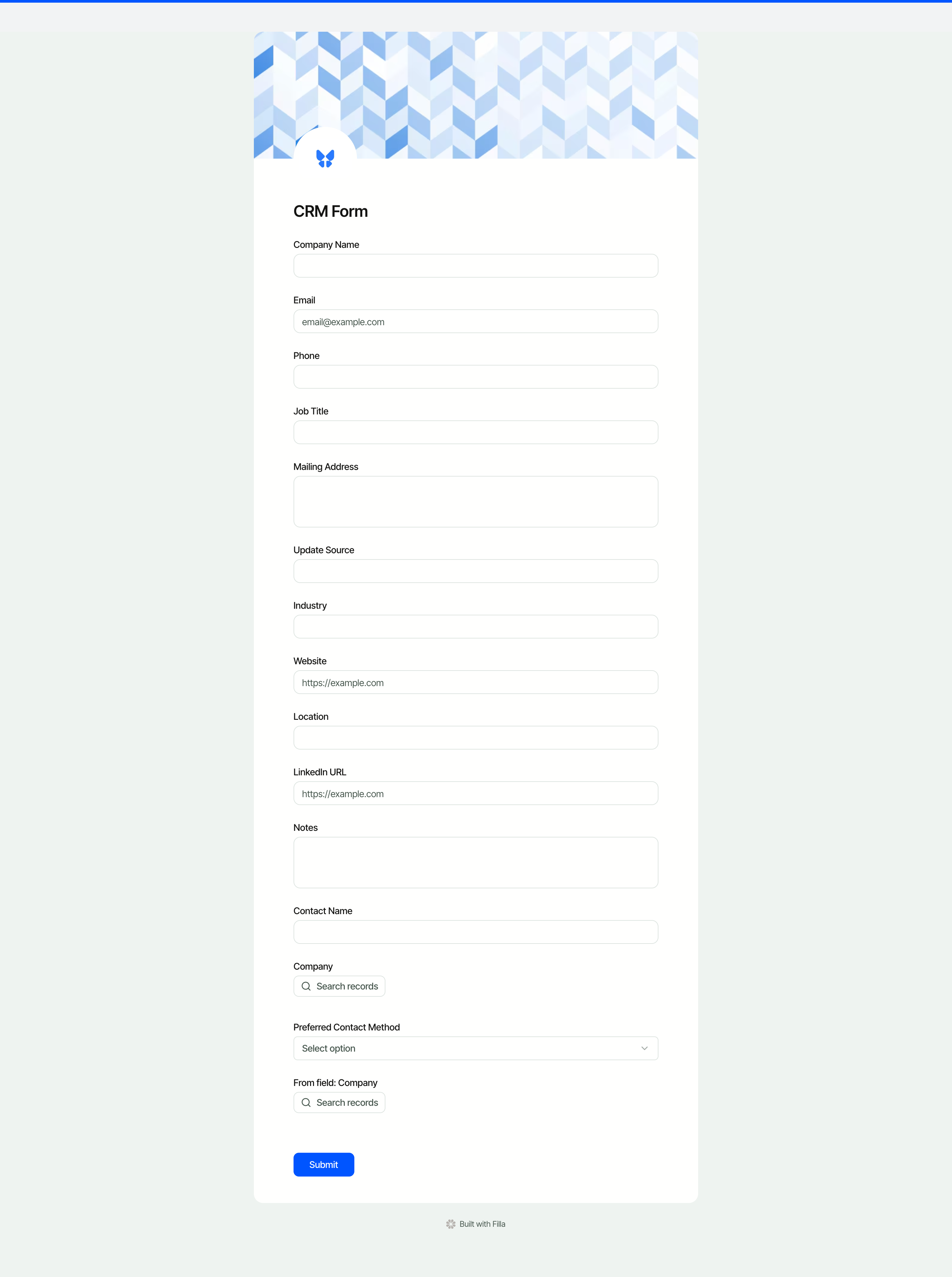 Published Filla CRM form with fields for Company Name, Email, Phone, Job Title, and more