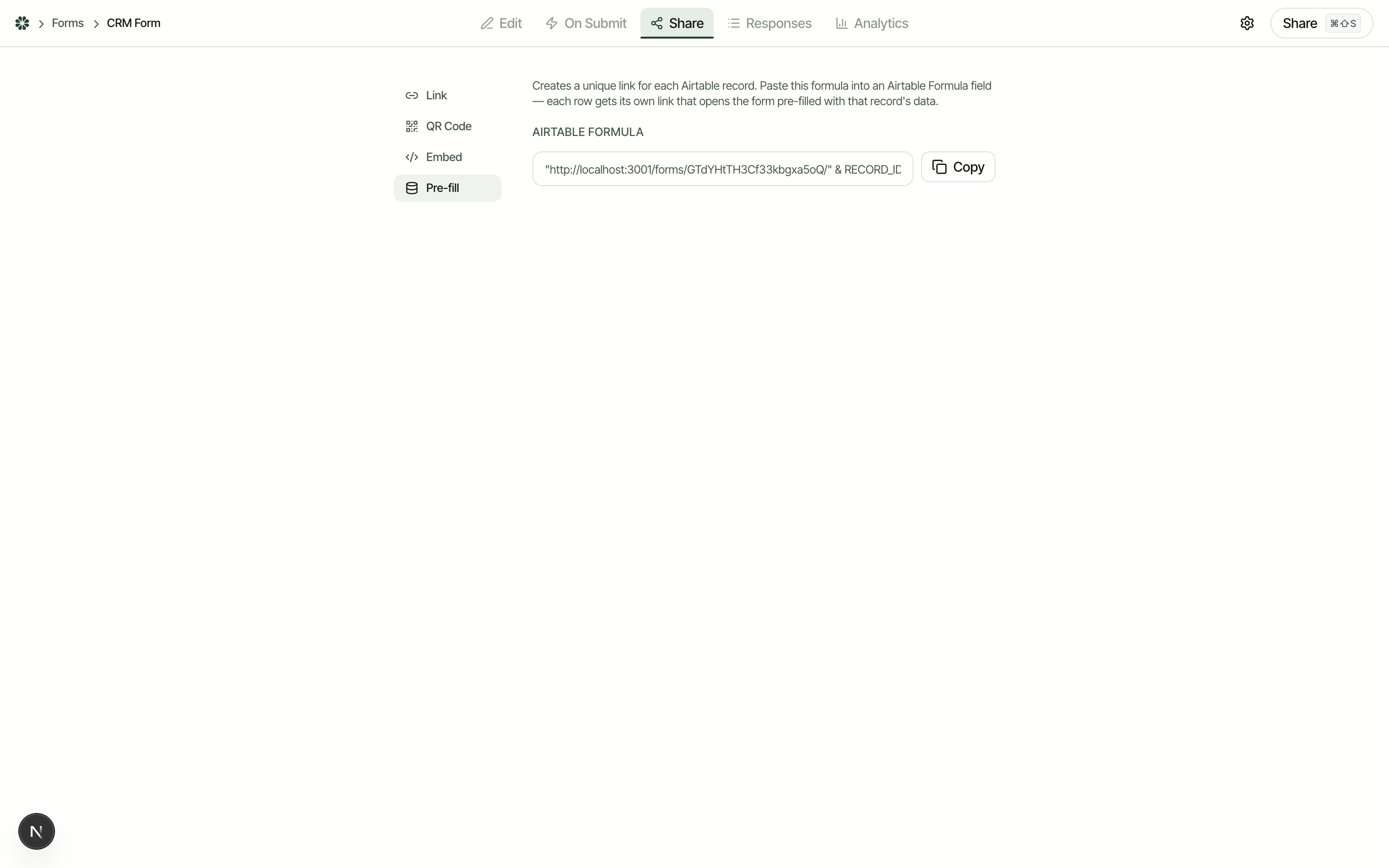 Filla Share panel showing the Airtable formula for generating per-record edit links
